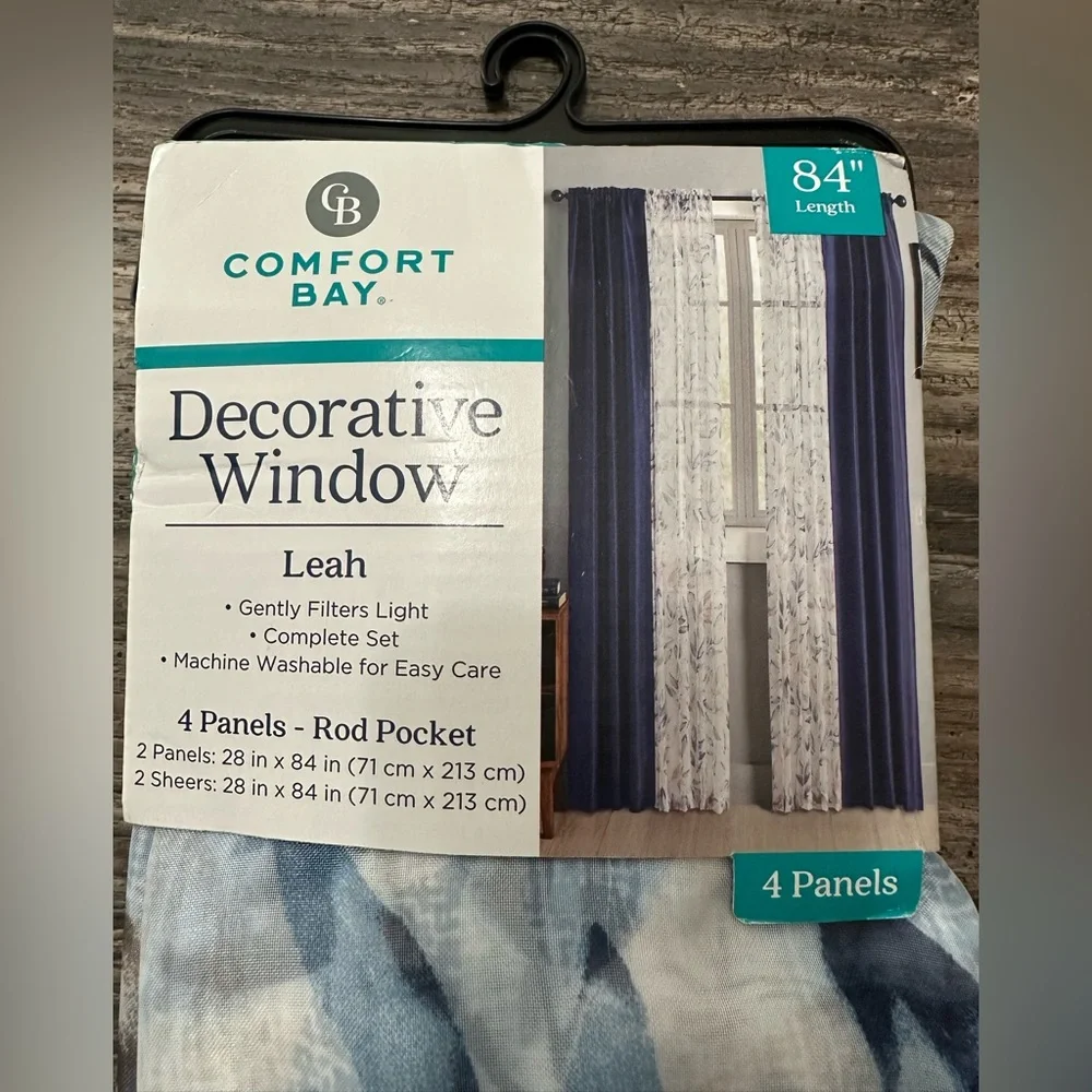 Comfort Bay Complete Set 2 Navy Blue Panels 2 White Blue Sheer Panels 28x84”
